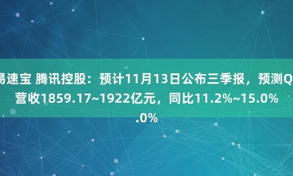 易速宝 腾讯控股：预计11月13日公布三季报，预测Q3营收1859.17~1922亿元，同比11.2%~15.0%
